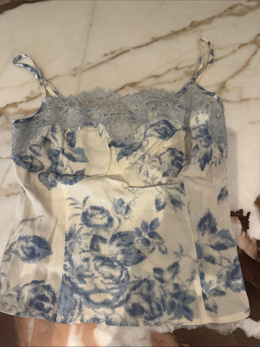 Reformation Blue and Cream Floral Lace-Trim Cami